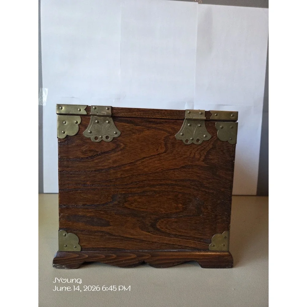 Vintage Antique Travel Jewelry Box Inlaid Mirror Floral Etched Brass Wood *READ*